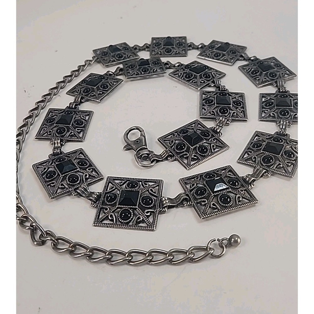 Vintage Boho Filigree Style Black & Antique Silvertone Square‎ Link Belt 44"